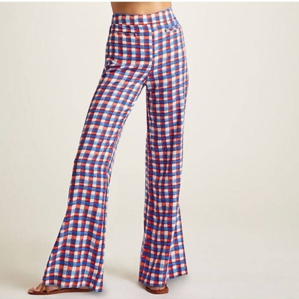 New NWT Anthropologie Maeve Escape Printed Check Plaid Gingham Flare Pants Sz. 4